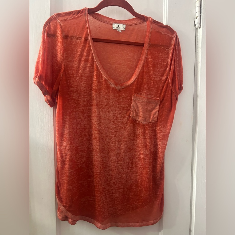True Craft Red Sheer V-Neck Pocket Tee